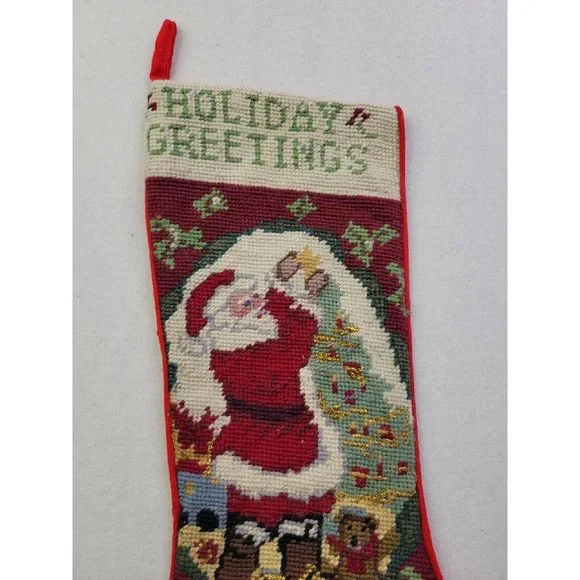 Vintage Handmade Needlepoint Christmas Stocking 20" Holiday Greetings Santa Tree
